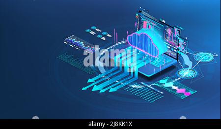 Storage su cloud con notebook in isometria Illustrazione Vettoriale