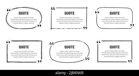 Schizzo della casella di virgoletta, cornice di testo impostata. Casella virgoletta disegnata a mano, bordo di testo con quadrato, bolla, forma rotonda. Illustrazione vettoriale. Illustrazione Vettoriale