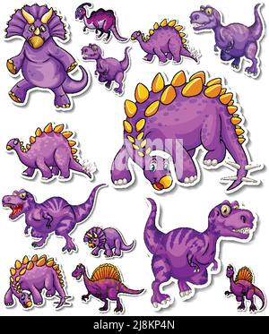 Set di adesivi di diversi dinosauri cartoni animati Illustrazione Vettoriale