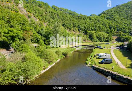 Veduta aerea del Camping Site Camping du Moulin, a Sure River, Bourscheid-Plage, Bourscheid, Diekirch District, Ardenne, Lussemburgo, Europa Foto Stock