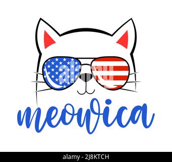 Meowica - disegno carino con parola di meowica pun. Calligrafia divertente per il 4th di luglio. Perfetto per pubblicità, poster, vestiti per bambini o biglietti d'auguri, Illustrazione Vettoriale