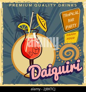 Pina Colada cocktail retro poster design. Sala cocktail con sfondo vintage, carta vecchia testurizzata graffiata. Scheda modello illustrazione vettoriale Illustrazione Vettoriale