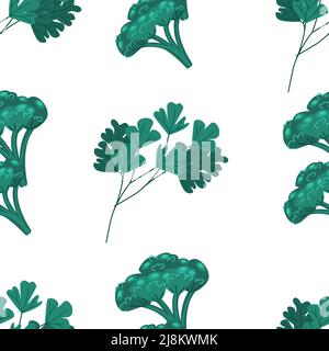 I broccoli verdi e il prezzemolo lasciano il modello senza giunture. Stampa vegetale, illustrazione vettoriale in stile piatto Illustrazione Vettoriale