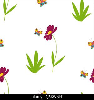 Fiori e farfalle, margherite primavera natura senza cuciture modello. Gerberi. Illustrazione vettoriale Illustrazione Vettoriale