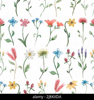 Acquerello fiori prato modello senza giunture, carta ripetizione fiori selvatici, stampa estiva, campo fiori modello, fiori selvatici disegno tessile Foto Stock