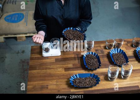 Prima della degustazione del caffè, versare i chicchi di caffè in un bicchiere sulla bilancia. Foto Stock