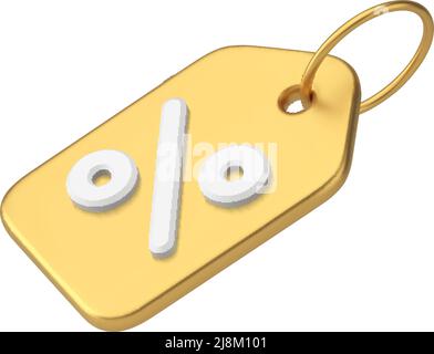 Lusso metallizzato posizionato diagonalmente impiccato tag percentuale corda su anello dorato 3D icona realistica immagine vettoriale modello. Shopping business Deal SEA Illustrazione Vettoriale