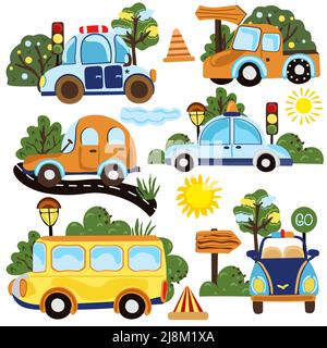 Raccolta di diversi tipi di trasporto su strada, auto di polizia, autobus, cabriolet, strada, semafori e alberi e molto altro ancora. Le composizioni di cartoni animati sono ideali per cartoline, scrapbooking, poster. Vettore. Illustrazione Vettoriale