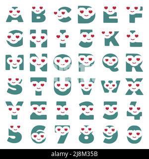 Set di graziose lettere e numeri di caratteri d'amore isolati su sfondo bianco. Illustrazione Vettoriale