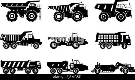 Carrelli fuoristrada. Illustrazione diversa dei dumper da miniera e da costruzione. Set di diverse sagome per attrezzature pesanti e macchinari. Vettore illus Illustrazione Vettoriale