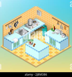 Sfondo di una cucina interna, cucina in stile thailandese isometrico con utensili. Stile vettoriale e illustrazione Illustrazione Vettoriale