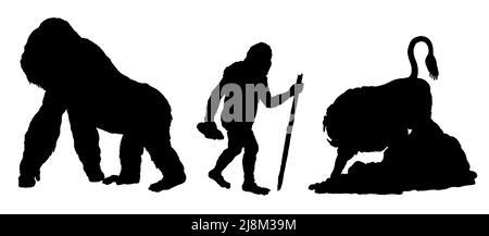 Primati preistorici gigantopithecus, dinopithecus e australopithecus. Silhouette di antenati umani. Foto Stock