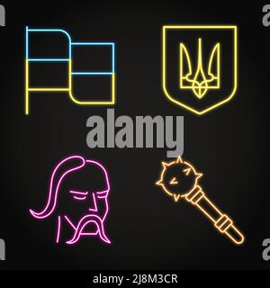 Neon Ucraina simboli nazionali serie di icone. Bandiera Ucraina e stemma. Illustrazione vettoriale. Illustrazione Vettoriale