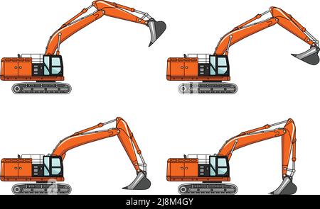 Illustrazione dettagliata di escavatori, attrezzature pesanti e macchinari Illustrazione Vettoriale