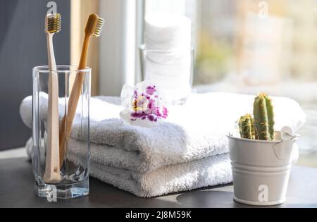 Due spazzolini sullo sfondo della finestra del bagno. Concetto di igiene Foto Stock