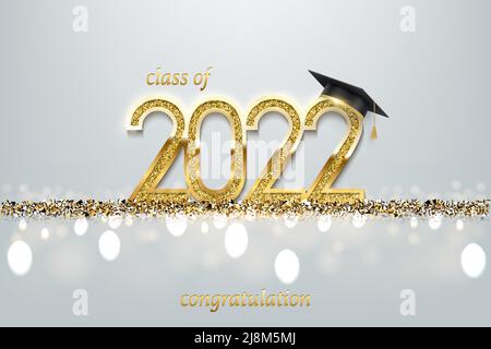 2022 banner per la cerimonia di laurea. Concetto di premio con cappello accademico, numeri d'oro e testo su sfondo festivo. Illustrazione Vettoriale
