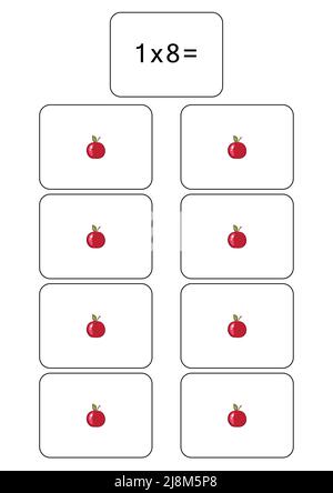 Tabella di moltiplicazione di 1. Scheda matematica con un esempio, disegno. Quadrato di moltiplicazione, illustrazione vettoriale. Prodotto stampato, striscione, tabella per Illustrazione Vettoriale