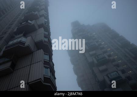 Due alti edifici residenziali a forma di torre, immersi in un cielo grigio. Stilistica ciberpunk. Stato d'animo drammatico e deprimente. Foto Stock