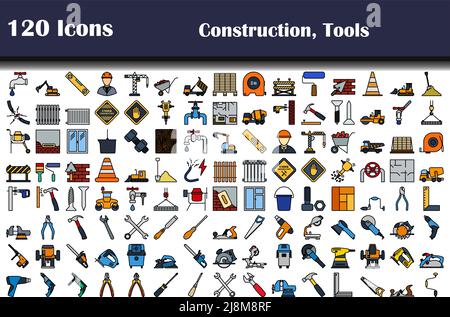 Set di 120 icone. Temi di costruzione e strumenti. Contorno grassetto modificabile con disegno di riempimento a colori. Illustrazione vettoriale. Illustrazione Vettoriale
