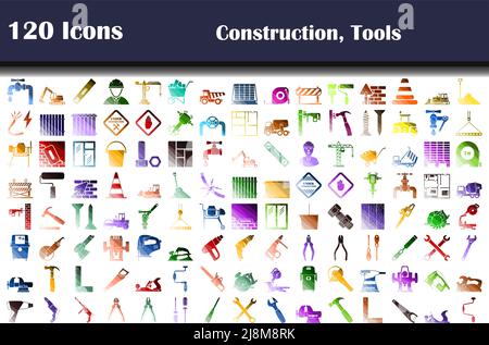Set di 120 icone. Temi di costruzione e strumenti. Design a scala piatta in colori. Illustrazione vettoriale. Illustrazione Vettoriale
