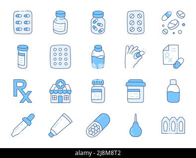 Illustrazione di doodle della farmacia compreso le icone - le pillole bottiglia, le capsule, la pipetta, le compresse blister, vitamina, contraccettivi e integratori. Linea sottile Illustrazione Vettoriale