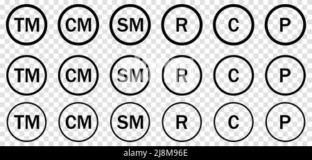 Icone dei marchi registrati. Illustrazione vettoriale isolata su sfondo trasparente Illustrazione Vettoriale