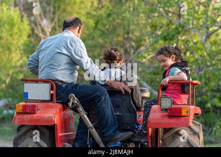 Primo piano di nonno, figlia e nipote in giro sul trattore con fuoco selettivo sullo sfondo. Foto Stock