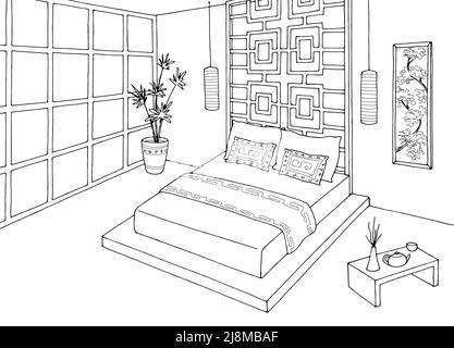 Asia camera da letto grafica bianco nero casa disegno disegno disegno illustrazione vettore Illustrazione Vettoriale