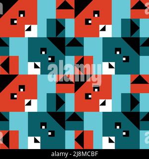 Pattern vettoriale senza giunture con conigli quadrati su sfondo blu. Carta da parati geometrica semplice e luminosa per i bambini. Illustrazione Vettoriale