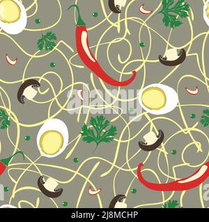 Zuppa di noodle con motivo vettoriale senza cuciture su sfondo grigio. Carta da parati gustosa con funghi e peperoncini caldi. Illustrazione Vettoriale