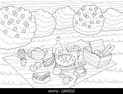 Picnic coloring grafico bianco nero disegno vettore illustrazione Illustrazione Vettoriale