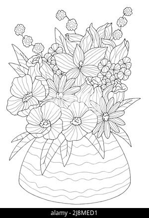 Vaso colorazione fiore grafica bianco nero isolato bouquet disegno vettore Illustrazione Vettoriale