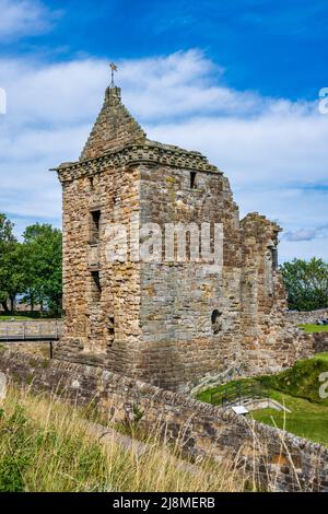 Resti del Castello di St Andrews su promontorio roccioso che si affaccia su una piccola spiaggia conosciuta come Castle Sands nel Royal Burgh of St Andrews a Fife, Scozia, Regno Unito Foto Stock