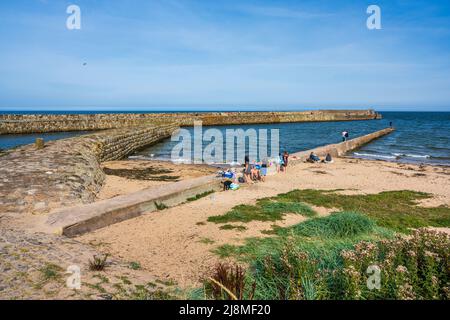 Muro di mare e molo presso il porto di St Andrews nel Royal Burgh di St Andrews a Fife, Scozia, Regno Unito Foto Stock