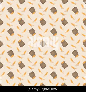 Modello senza cuciture con orecchio dorato di grano e sacco sullo sfondo. Stampa grani per la produzione di farina e cereali, pane da forno e altri prodotti alimentari. Illustrazione piatta vettoriale Illustrazione Vettoriale