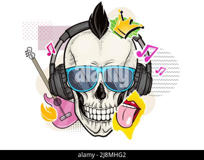Cranio gotico umano con occhiali da sole, cuffie e adesivi con simbolo di musica rock. Testa a scheletro vettoriale pop art con elementi di chitarra, lingua e collage a corona su sfondo bianco. Illustrazione Vettoriale