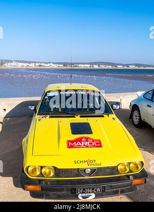 Giallo Alfa Romeo GTV6, o Alfetta GTV 6, alla manifestazione Maroc Historic rally 2020 che si è svolta il 16 maggio 2022 a Essaouira, Foto Stock