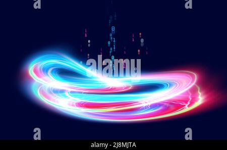 Flusso di dati visualizzato. Campo neon astratto, elementi frattali di dati digitali e codice binario. Illustrazione 3D a colori su sfondo scuro Foto Stock