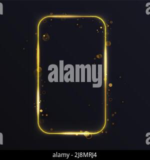 Cornice rettangolare dorata che guarda lo smartphone, illustrazione vettoriale con effetto luce. Lussuosa cornice dorata luminosa con lampo scintillante astratto volante, glassa le particelle su sfondo nero Illustrazione Vettoriale