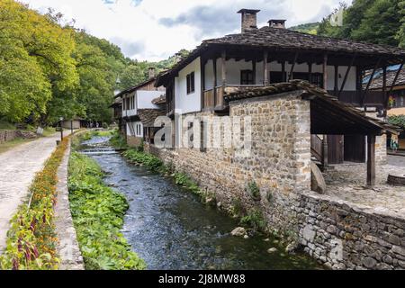 Edifici di stile tradizionale in Etar complesso architettonico ed etnografico vicino alla città di Gabrovo nel nord della Bulgaria Foto Stock