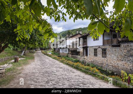 Vicolo in Etar complesso architettonico ed etnografico vicino Gabrovo , Bulgaria, 4K Foto Stock