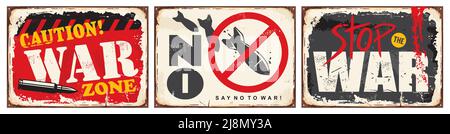 Segni arrugginiti danneggiati impostati con propaganda anti-guerra. Illustrazione vettoriale della grunge vintage. Illustrazione Vettoriale