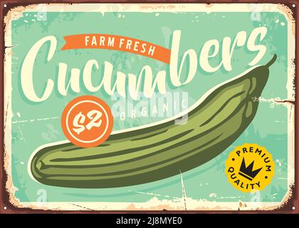 Mercato contadini segno con cetriolo fresco. Illustrazione vettoriale di verdure retrò. Grafica cetriolo. Illustrazione Vettoriale