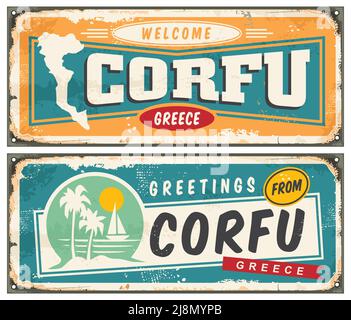 Corfu Grecia retro modello biglietto d'auguri. Vintage segno souvenir idea per le destinazioni di vacanza estate in Grecia. Viaggio a Corfù illustrazione vettoriale. Illustrazione Vettoriale