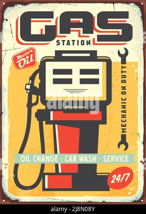 Stazione di benzina vintage metallo segno design con grunge danneggiato struttura. Illustrazione grafica della pubblicità vettoriale del carburante e della benzina. Illustrazione Vettoriale