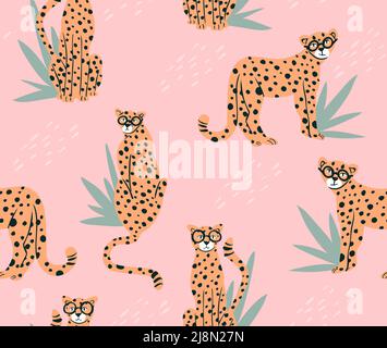 Carino hipster cheetah senza cuciture pattern. Sfondo tropicale leopardo rosa. Perfetto per la creazione di tessuti, tessuti, carta da imballaggio, imballaggio. Illustrazione Vettoriale