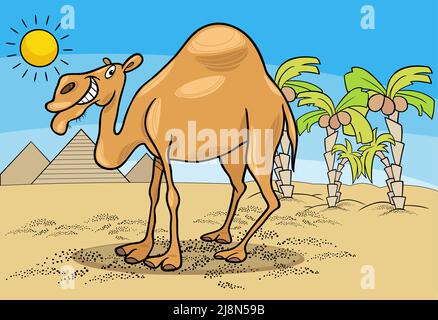 Illustrazione cartoon di dromedary cammello personaggio animale nel deserto con piramidi Illustrazione Vettoriale