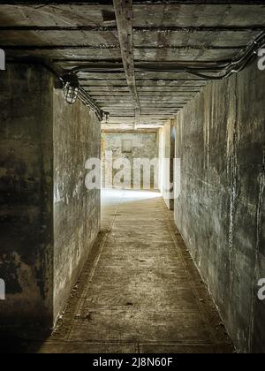 Un lungo corridoio al piano terra delle rovine di Fort Casey termina alla luce dall'esterno. Foto Stock