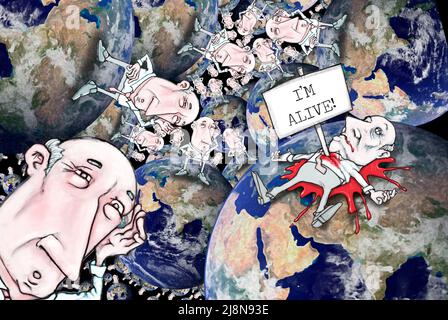 Arte umoristica, stesso uomo vivo su più terre, morto in una che illustra la teoria multiverso/molti mondi di Everett interpretazione in fisica quantistica. Foto Stock