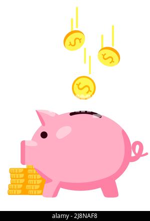 Pig pig banca con caduta monete d'oro vettore illustrazione in stile piatto. Risparmiare o risparmiare denaro o aprire un deposito bancario concetto investimenti in futuro Illustrazione Vettoriale
